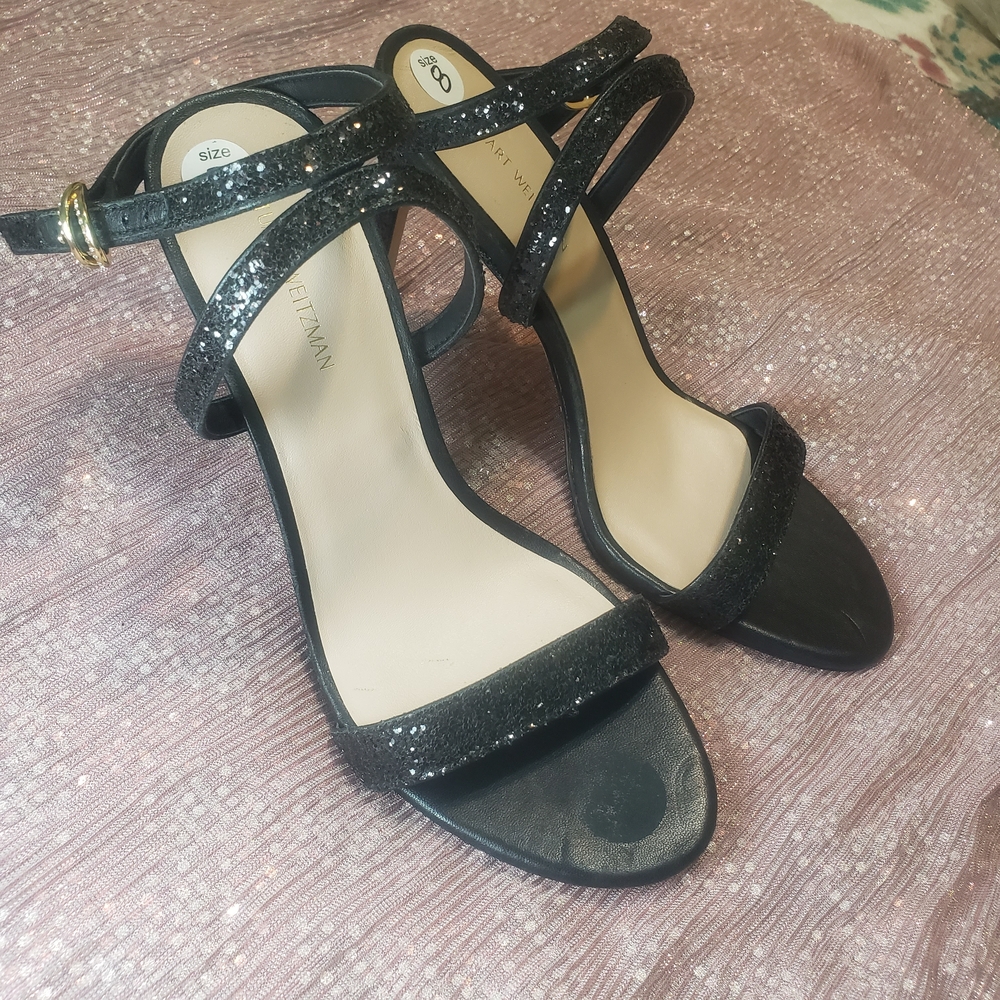 Stuart Weitzman Black Glitter Strappy Ankle Strap Heel Sandals Size 8 - Picture 3 of 9